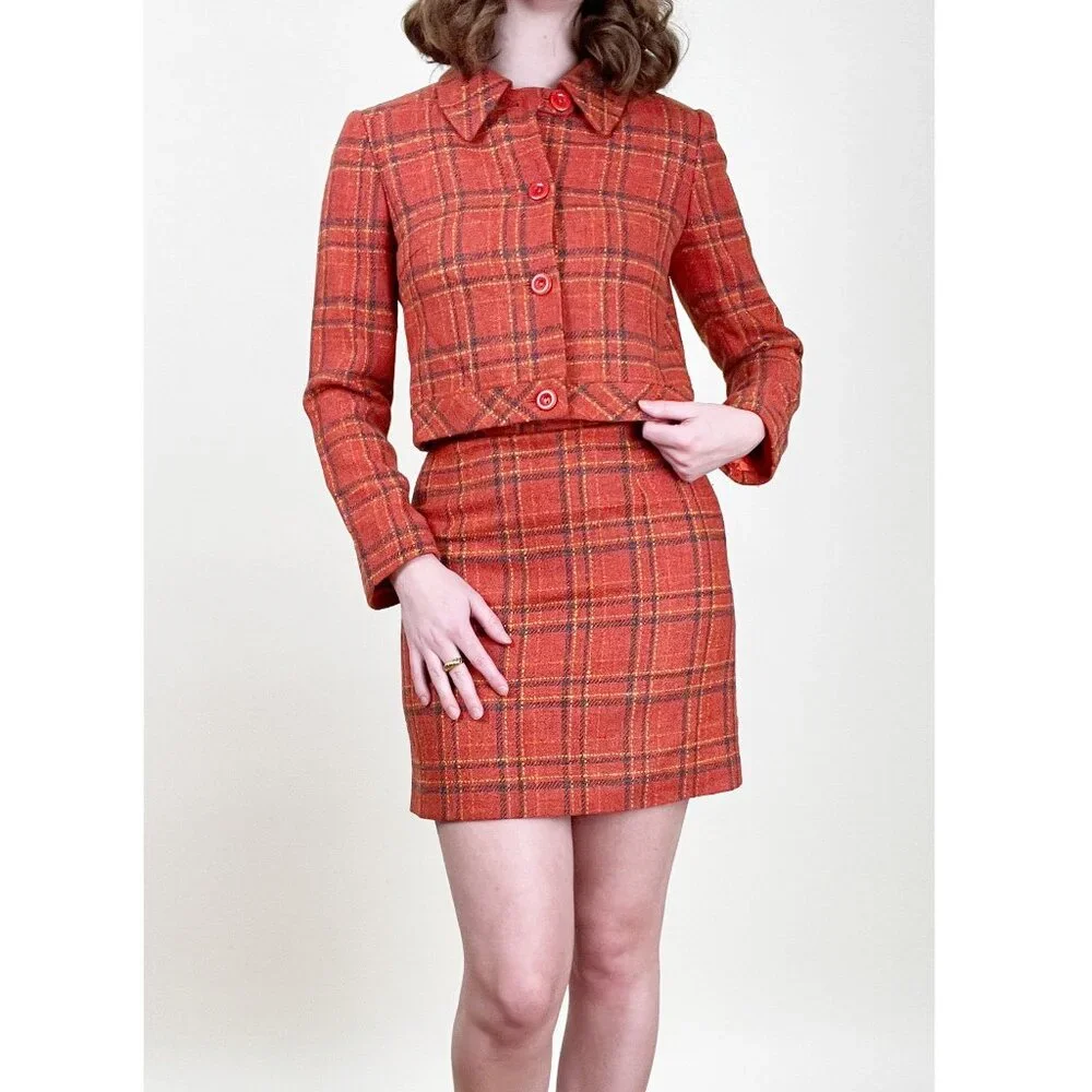 Vintage Matching Set Plaid Wool Mini Skirt Cropped Blazer Jacket Coat Clueless - Picture 9 of 9
